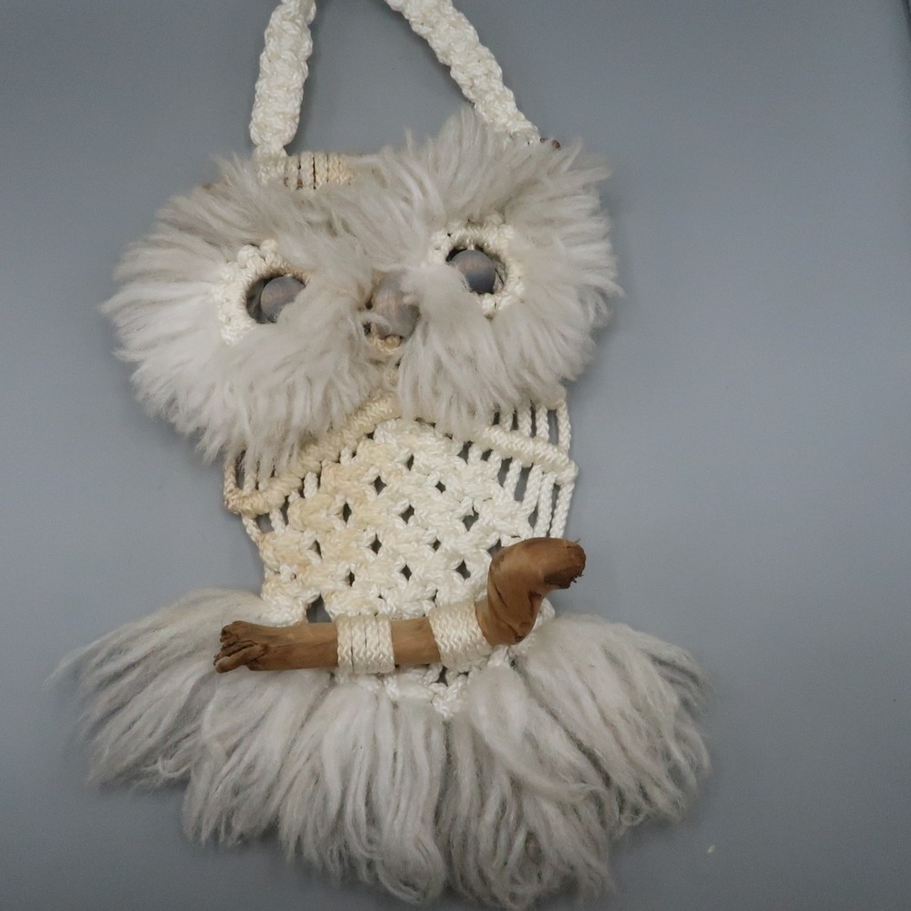 Handmade Macrame White Owl on Wood Branch Wall Hanging 21 inches